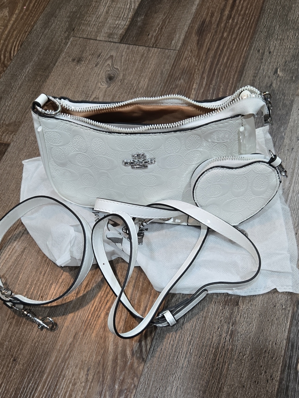 Coach White Signature Embossed Leather Crossbody with Heart Coin Pouch